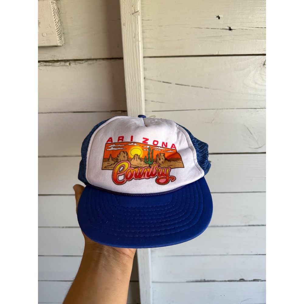 Vintage Arizona Country Trucker Hat Mesh Snapback Blue White Desert Graphic Cap